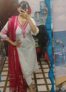 White Kurta Set with Pink Dupatta