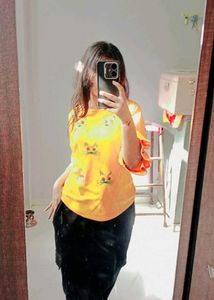 Cute Cat Embellished Yellow Top