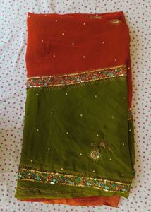 Elegant Red & Green Embellished Saree