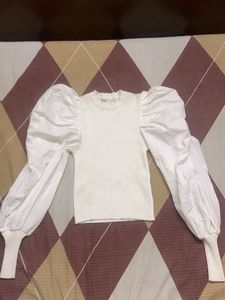 White Puff Sleeve Knit Top