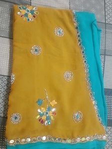 Embellished Mustard & Teal Saree