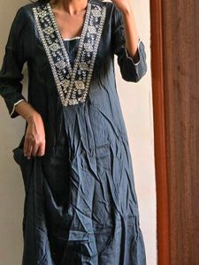 Elegant Dark Kurta with Intricate Neckline