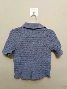 Smocked Gingham Button-Up Top