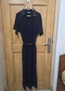 Navy Jumpsuit with Beaded Collar