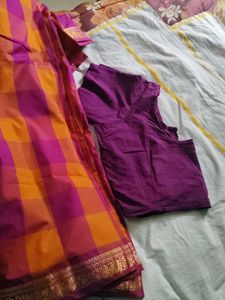 Pink &amp; Orange Checked Sareewith no lining blouse