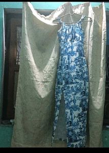 Blue and White Print Maxi Dress with Slit
