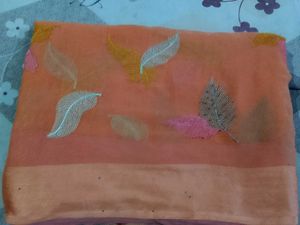 Beautiful Orange Saree with Feather Motifs