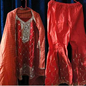 Elegant Red Embroidered Gharara Suit