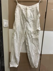 Chic White Embroidered Cargo Pants