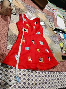 Red Embroidered A-Line Dress