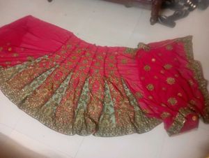 Rust  &amp; green ghagra saree