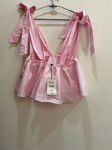 Zara Pink Tie-Shoulder Peplum Top