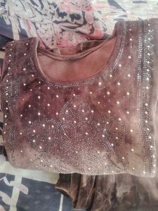 Embellished Brown Velvet Kurta Set