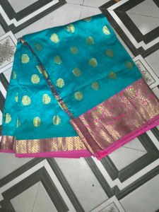 Beautiful Teal Saree with Gold & Pink Border