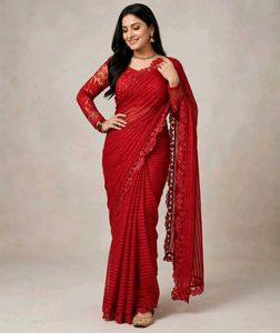 Elegant Red Saree with Lace Detailing