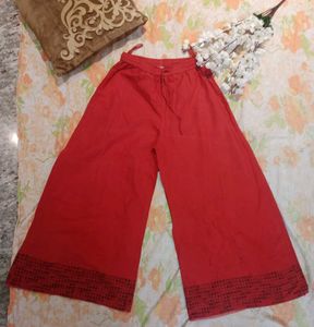 Rust Red Cotton Palazzo Pants, Size - S