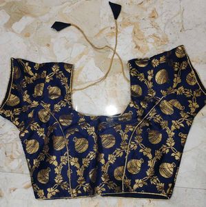 Navy Blue Brocade Blouse with Gold Print