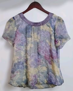 Floral Print Lace-Trimmed Top