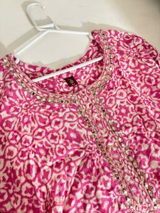 Pink Printed Kurta with Embellished Neckline