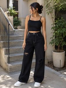 freakins Black Ripped Wide Leg Jeans
