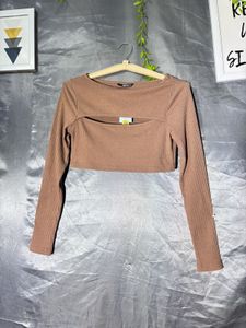 SHEIN Brown Ribbed Cut-Out Long Sleeve Top