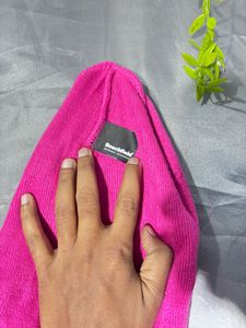Pink Beanie Hat with Croissant Patch