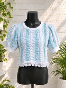 Blue & White Textured Puff Sleeve Top