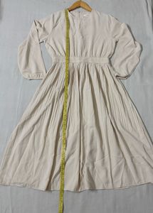 Korean Beige Pleated Midi Dress