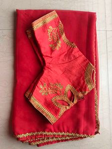 Vibrant Red Saree with Gold Border