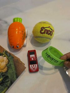 picture cards, toy cars, tennis ball, ceramic toys