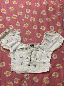White Paisley Print Puff Sleeve Crop Top