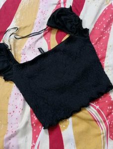 Black Smocked Crop Top