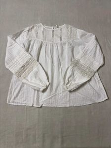 White Lace Trim Long Sleeve Top