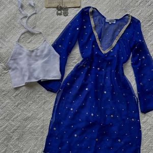 Blue sequined Kurta with White Blouse