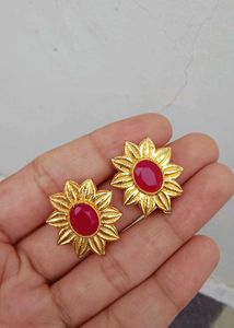 Elegant Ruby & Gold Tone Stud Earrings