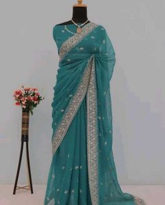 Elegant Teal Embroidered Saree