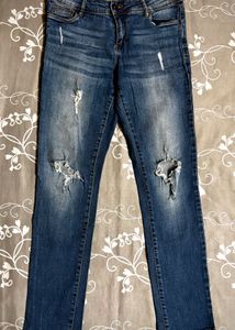 Blue Straight Fit Ripped Jeans