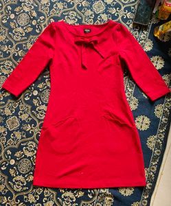 Chic Red Bow Detail warm Dress for winter