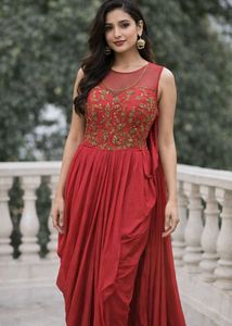 Elegant Red Embroidered Jump Suit