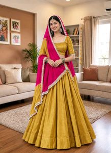 Vibrant Yellow Lehenga Choli with Pink Dupatta