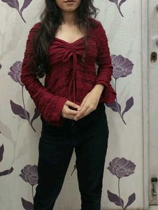 Women's Red Ruffled Long Sleeve Top