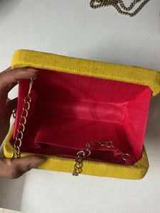Embroidered Yellow Clutch with Chain