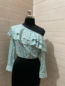 Blue Floral One Shoulder Ruffle Crop