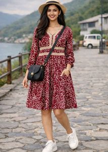 Maroon Printed V-Neck Dress