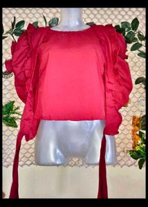 Chic Red Puff Sleeve Tie-Front Top