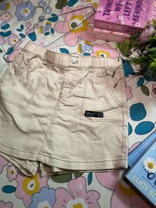 High-Waisted Cotton Denim Skort in Beige/Khaki