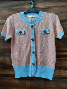 Chic Knit Top - Pink with Blue Trim