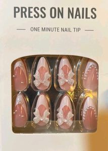 Elegant French Tip Nails with 3D-Bows 24 pcs
