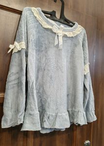 Cozy Blue Lace Trim Pajama Top