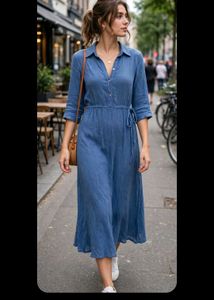 Blue Button-Front Midi Shirt Dress